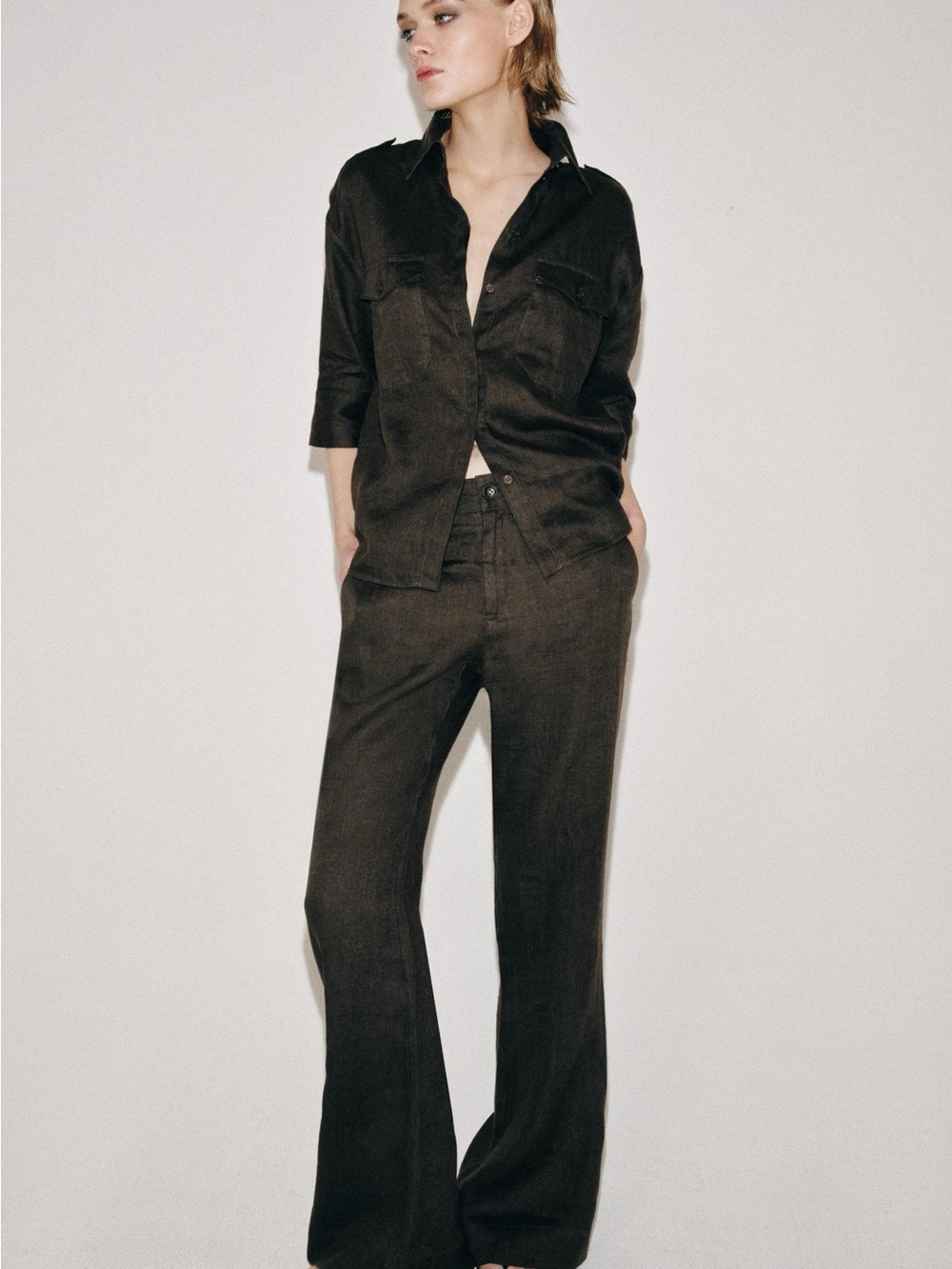 NWT Zara Relaxed Linen shirt Brown - Picture 3 of 7